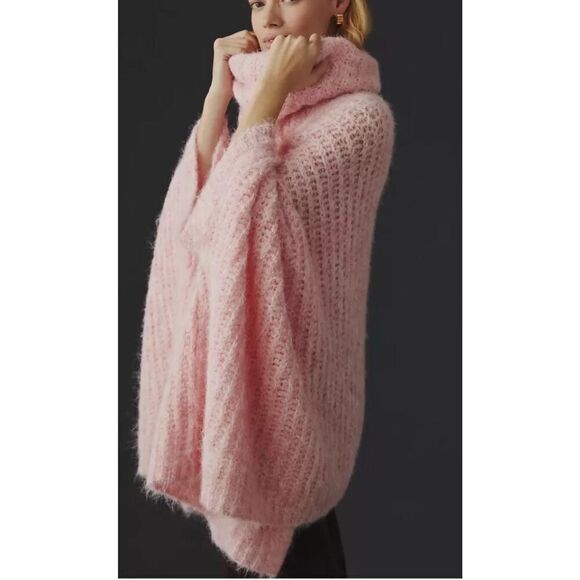 NWT Anthropologie Funnel-Neck Poncho One Size Pink/Rose Handcrafted Fuzzy Knit - Picture 3 of 12